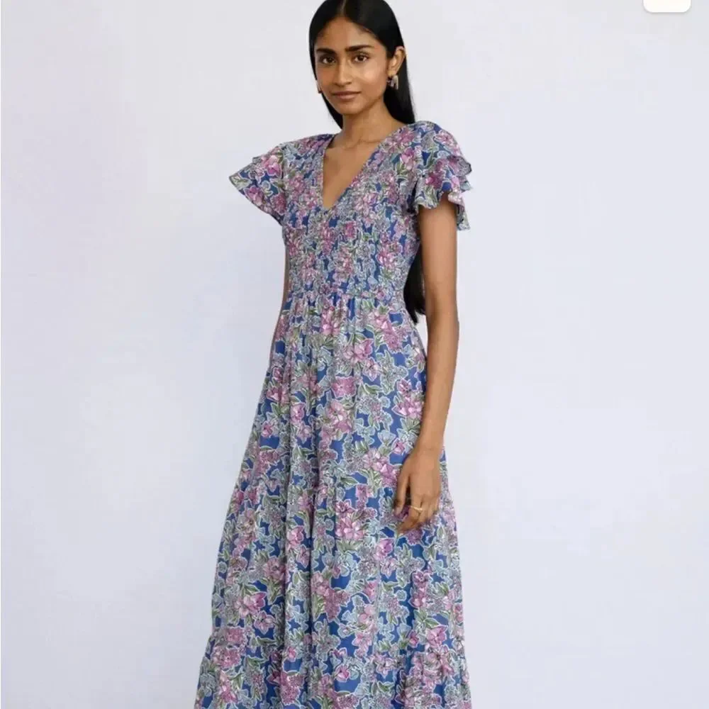 Banjanan “Ira” Blue and Pink Flutter Sleeve Sundress, Size large